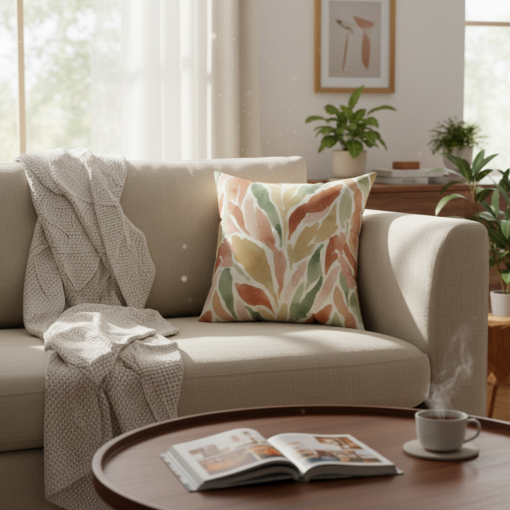 Abstract watercolor decorative pillows styled on sofa in modern living room with natural light