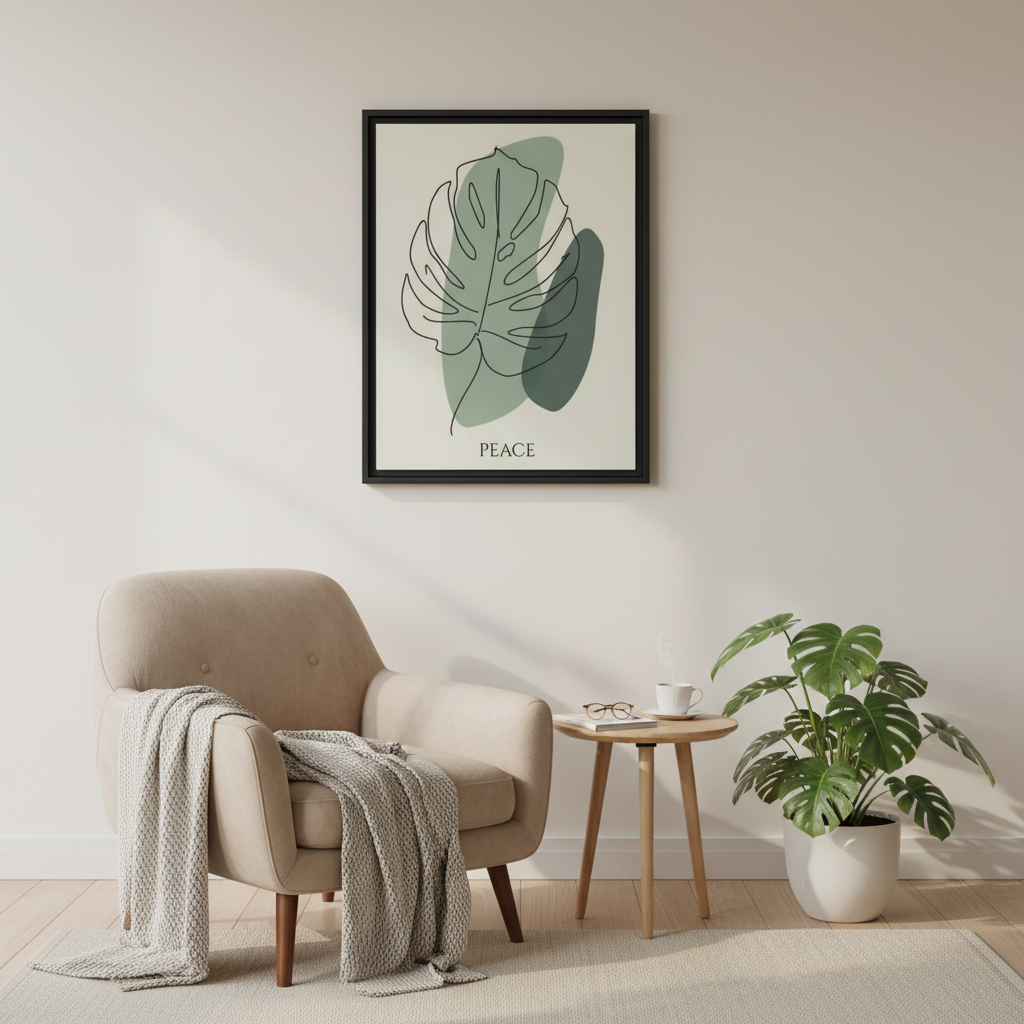 Minimal botanical wall decor with peace leaf print hanging above modern dining table with neutral chairs and plant