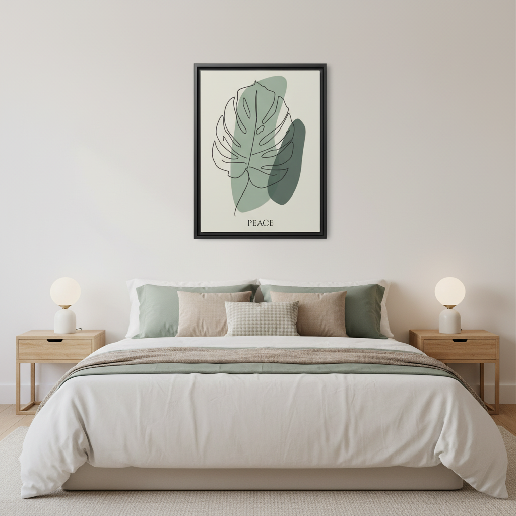 Monstera leaf framed canvas art in minimalist bedroom above bed with neutral bedding and warm lighting