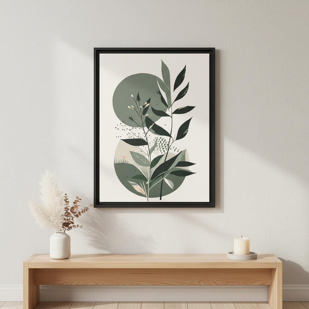 Botanical abstract framed canvas print with green leaves and circles hanging on minimalist white wall above wooden console
