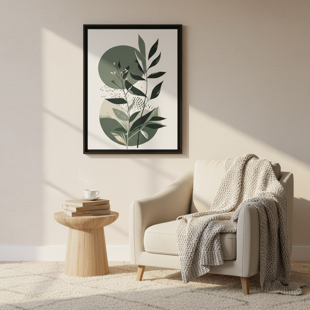 Green leaf minimalist wall art framed print in modern living room with neutral decor and natural light