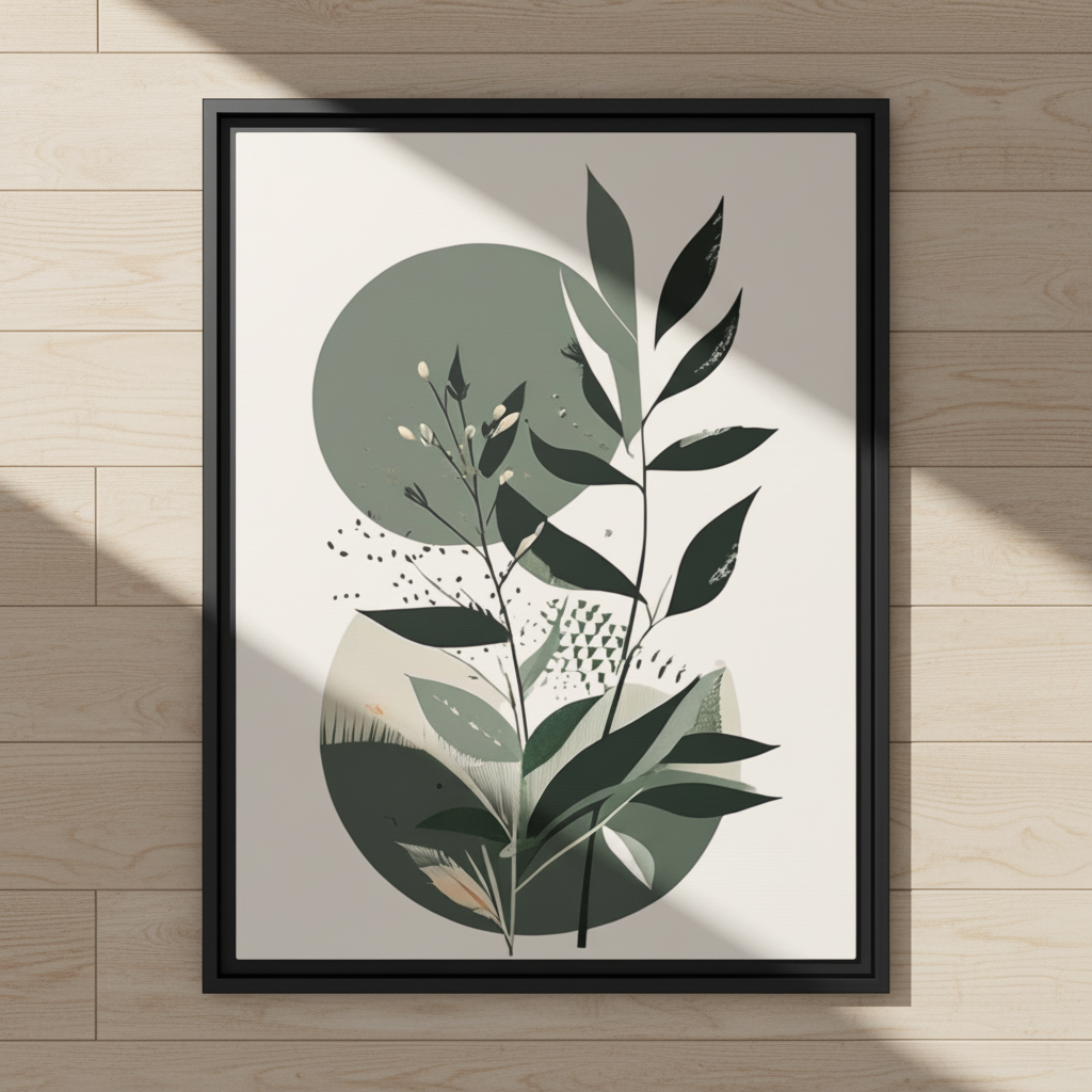 Botanical abstract canvas print close up showing sage green leaves and geometric circles in black frame