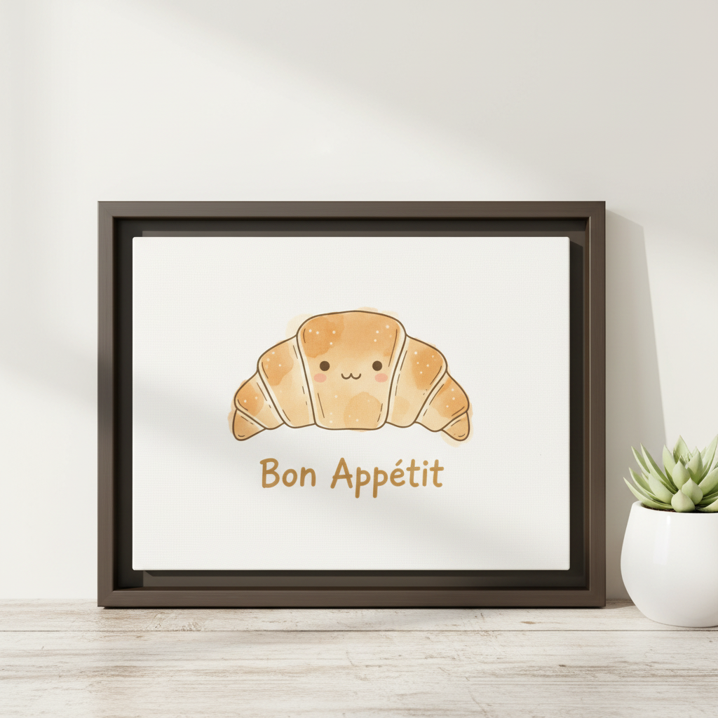  Bon Appétit kawaii croissant framed canvas art with espresso brown frame on shelf

