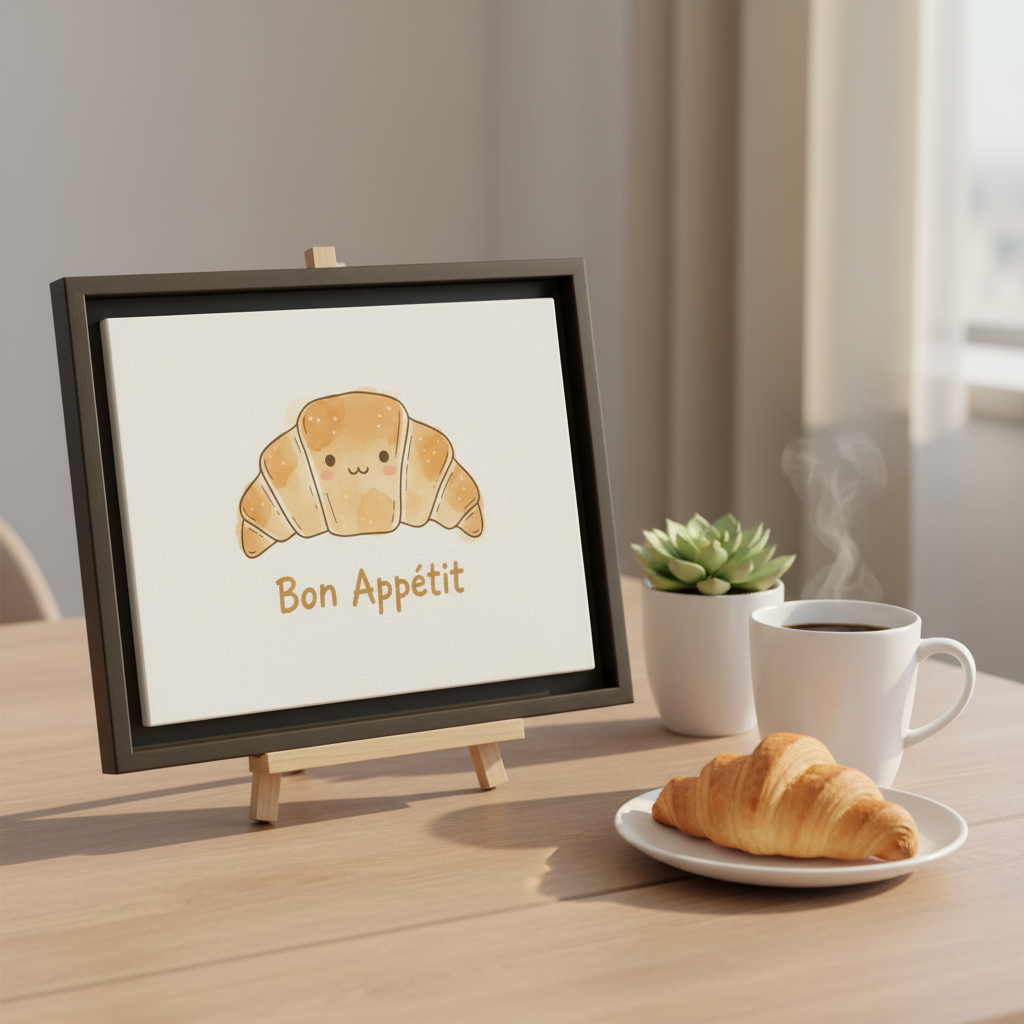 Cute croissant framed canvas on kitchen counter with breakfast and coffee

