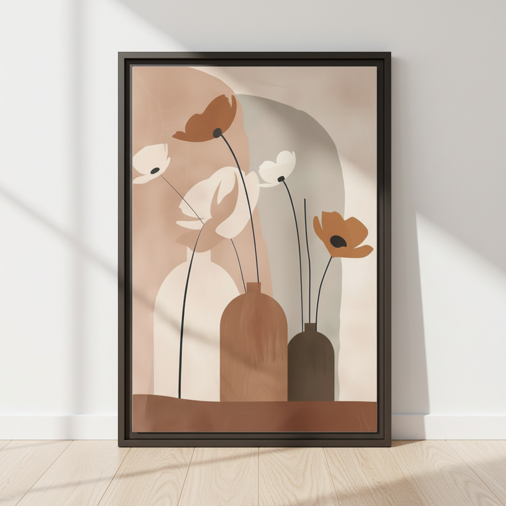 Abstract poppy vases framed canvas print in espresso brown frame leaning against white wall - modern botanical wall art