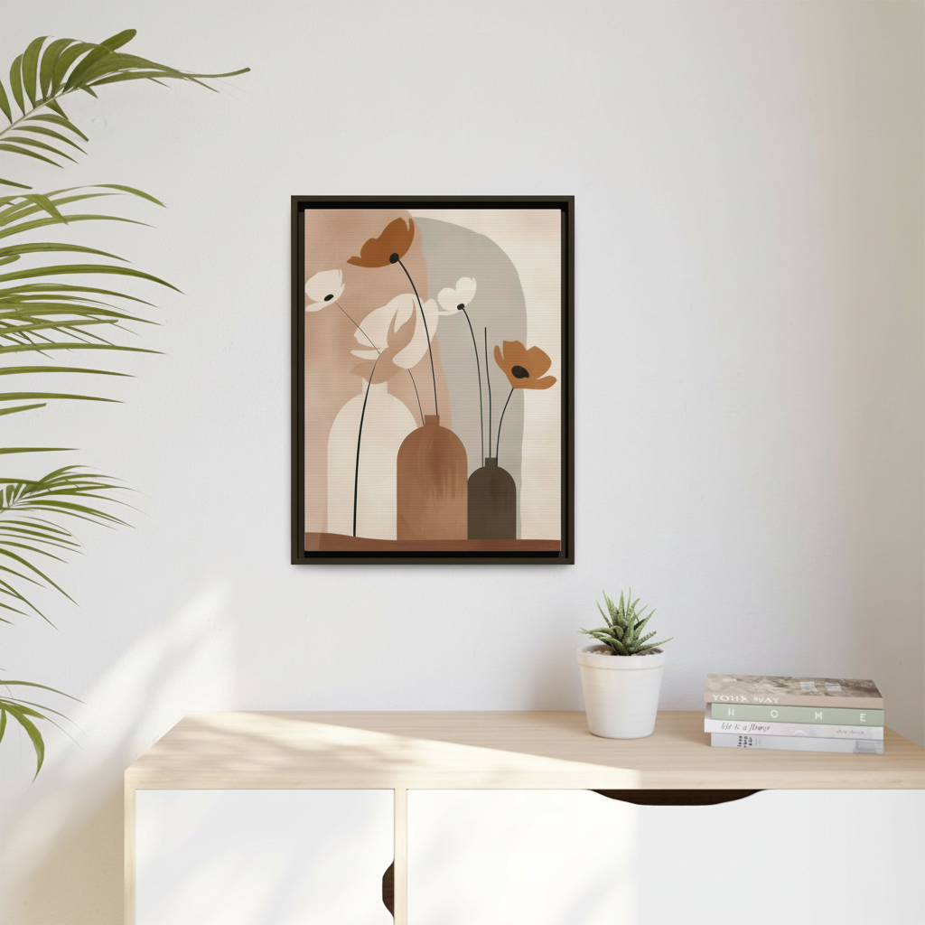 Abstract poppy vases canvas print hanging above white console table in minimalist living room - botanical home decor