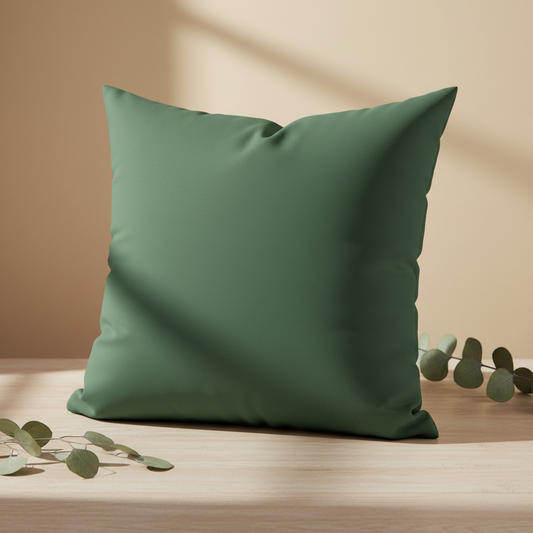Deep green 26x26 throw pillow with soft polyester fabric on wooden surface with eucalyptus leaves, natural lighting, home decor accent