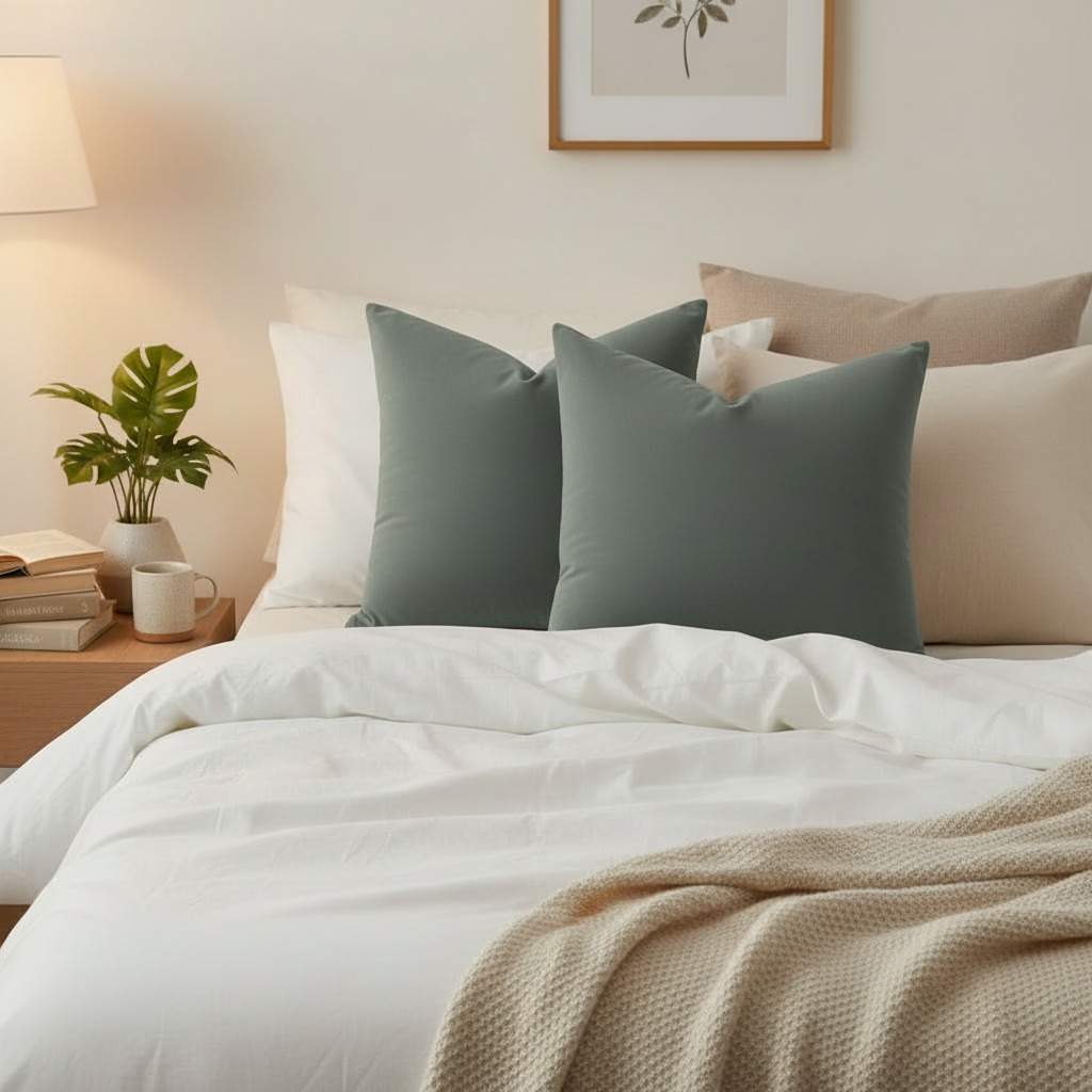 Two deep green 26x26 square throw pillows styled on white linen bed with cream throw blanket, modern bedroom decor with botanical wall art