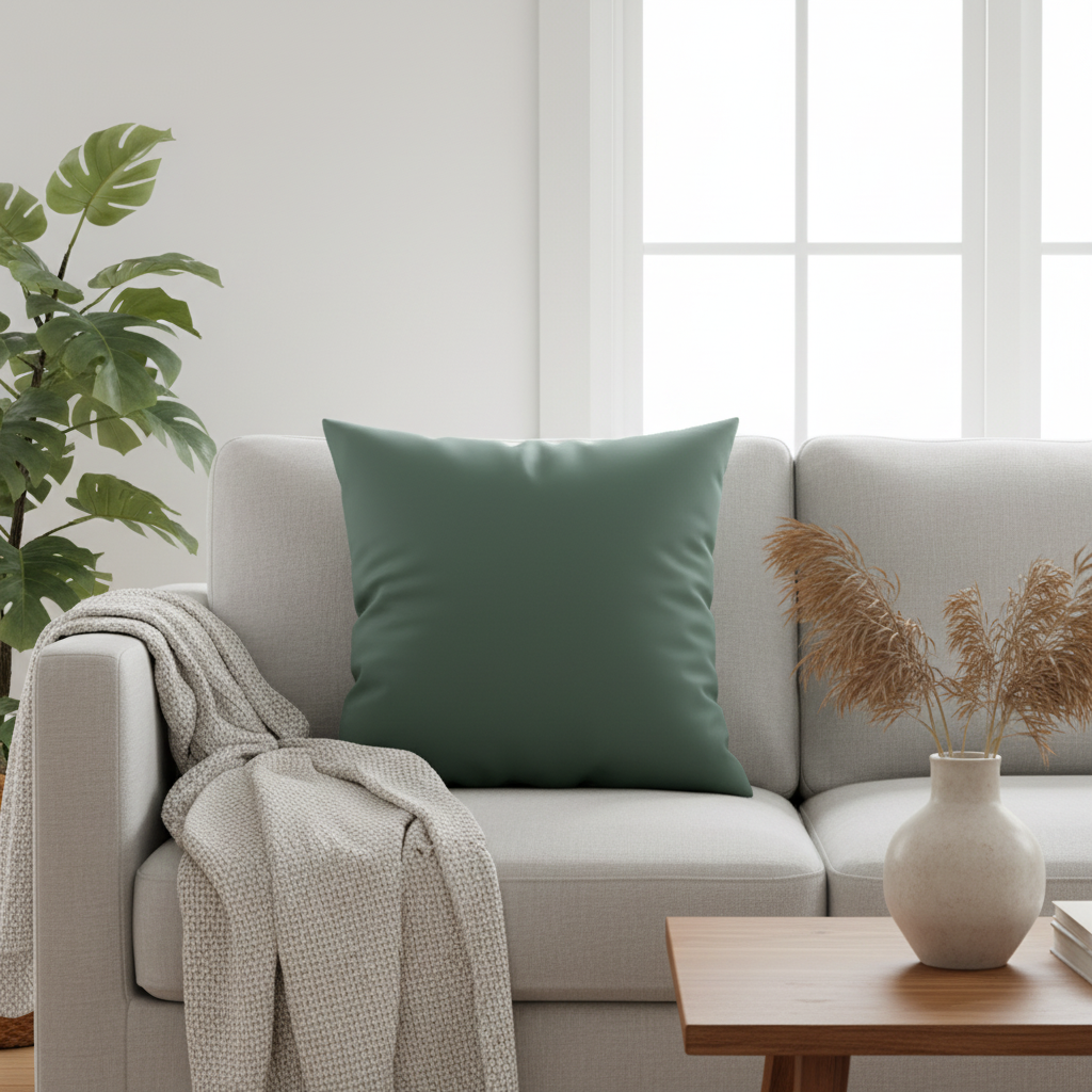 Deep green 26x26 throw pillow on light gray sofa with monstera plant and pampas grass, Scandinavian living room interior design