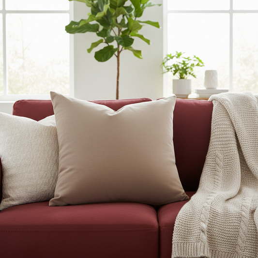 Warm taupe decorative pillow on burgundy red wine sofa with white pillows and knitted throw - modern living room decor