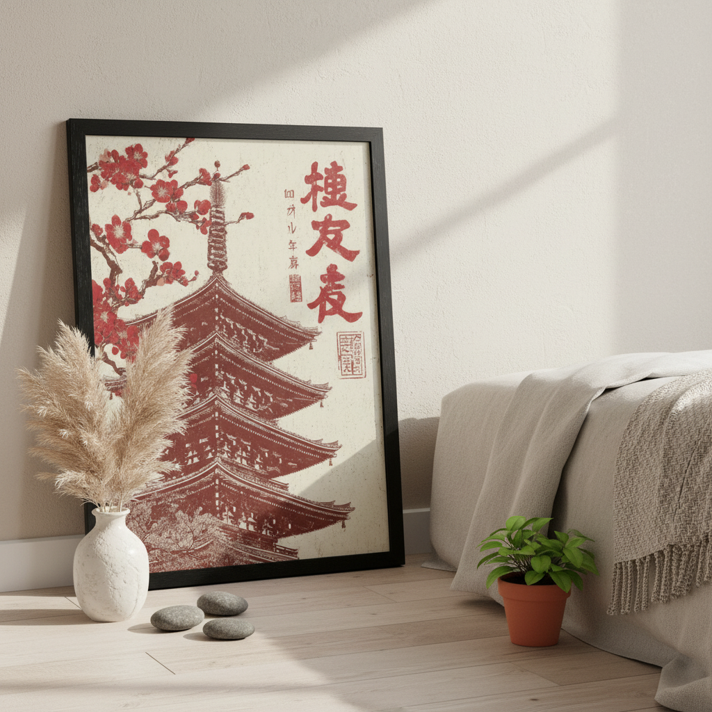 Framed artwork of a pagoda with cherry blossoms in a room with a bed and decor items.