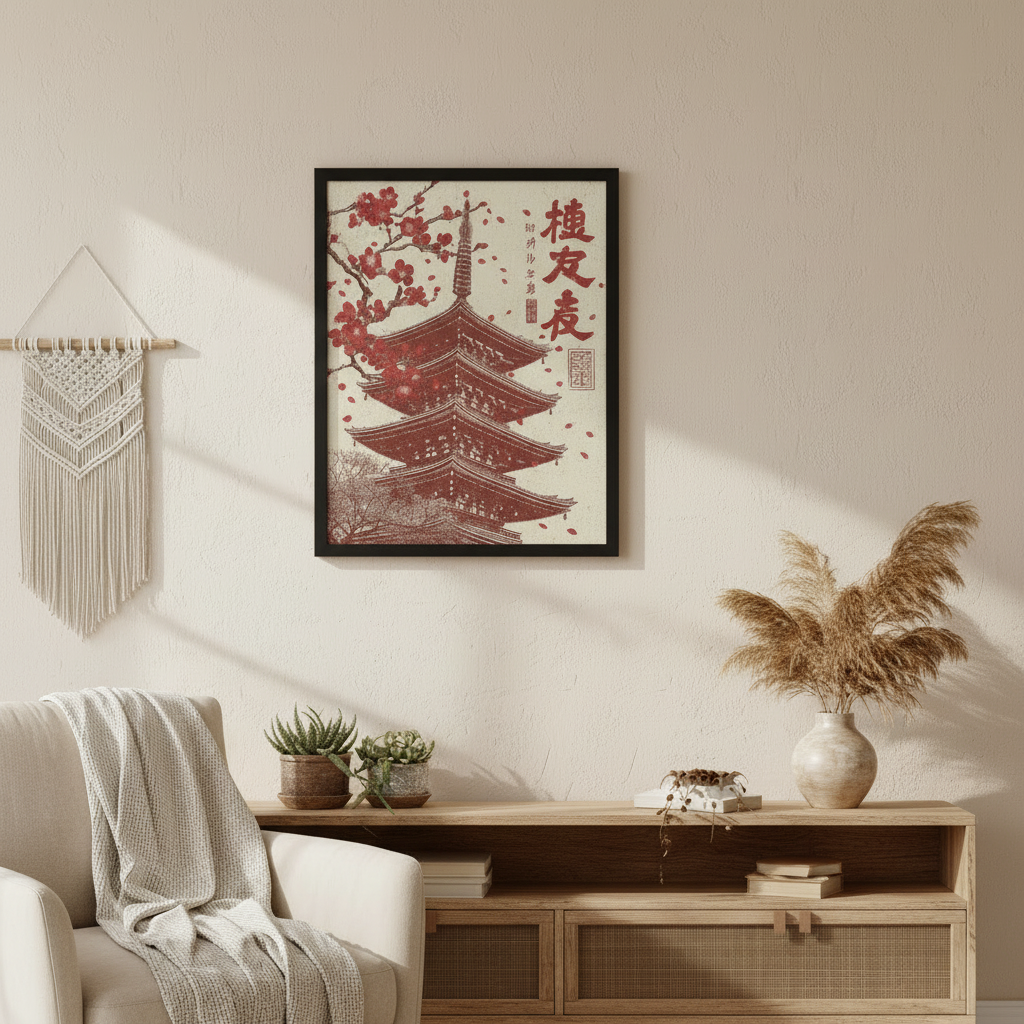 Living room with a framed artwork of a pagoda on the wall, a wooden console table with decorative items, and a plant.