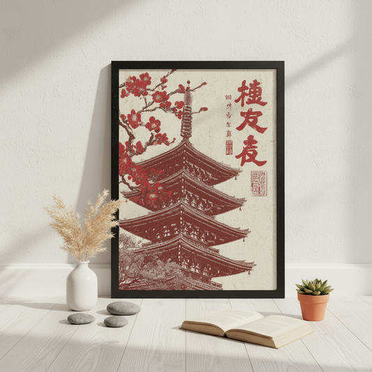 Framed artwork of a pagoda with cherry blossoms on a white wall.