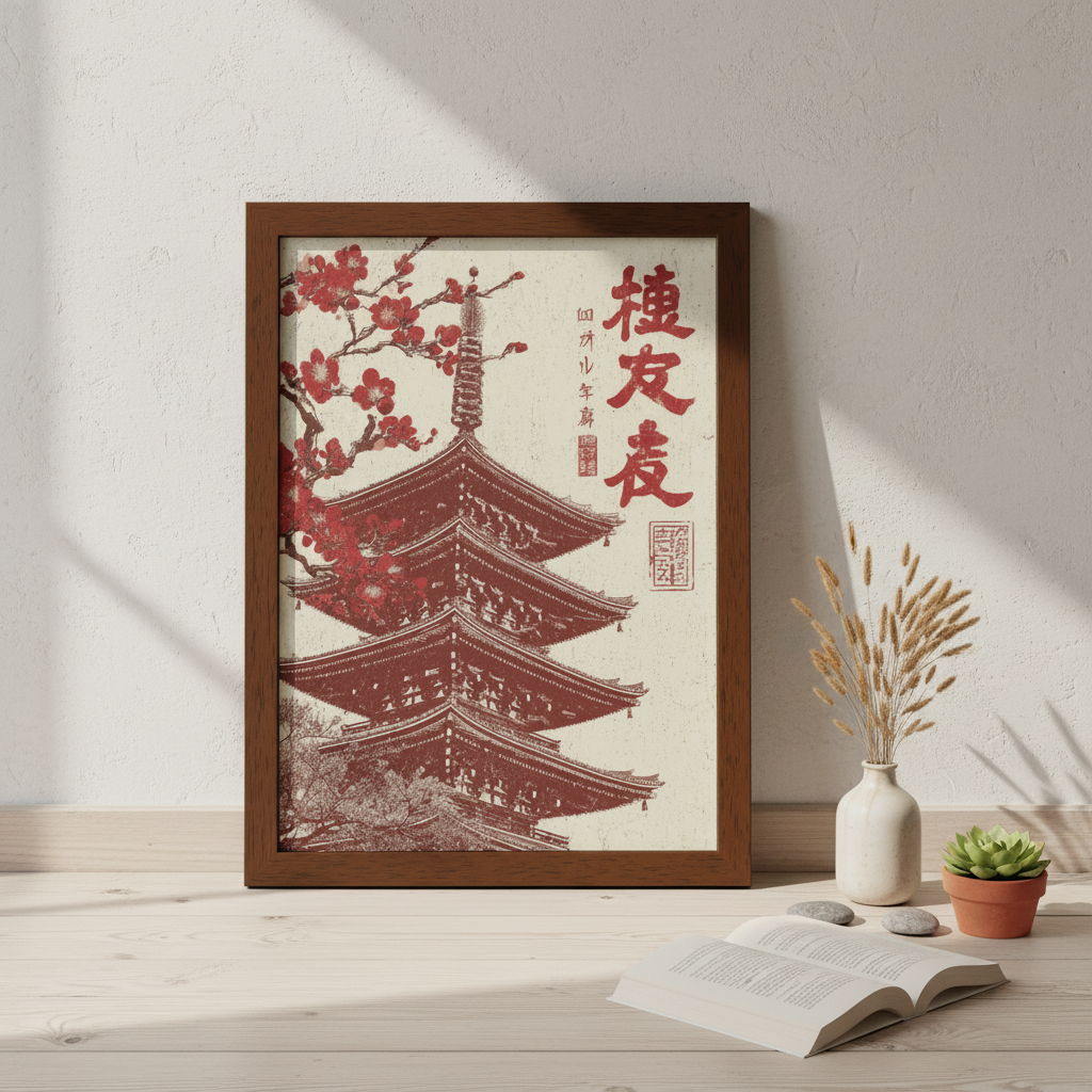 Framed artwork of a pagoda with cherry blossoms on a wall with decor items below.