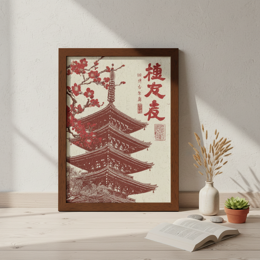Framed artwork of a pagoda with cherry blossoms on a wall with decor items below.