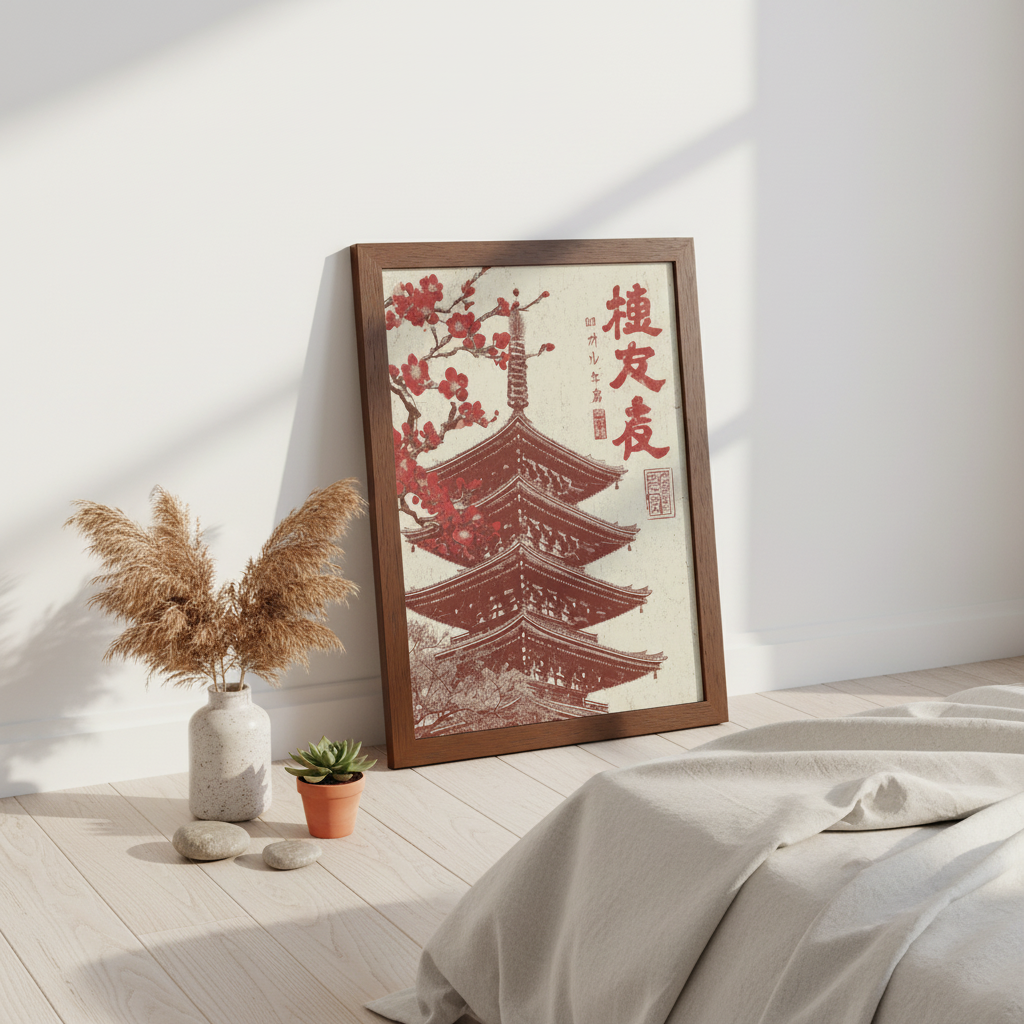 Framed artwork of a pagoda with cherry blossoms on a wall in a room with plants and a vase.
