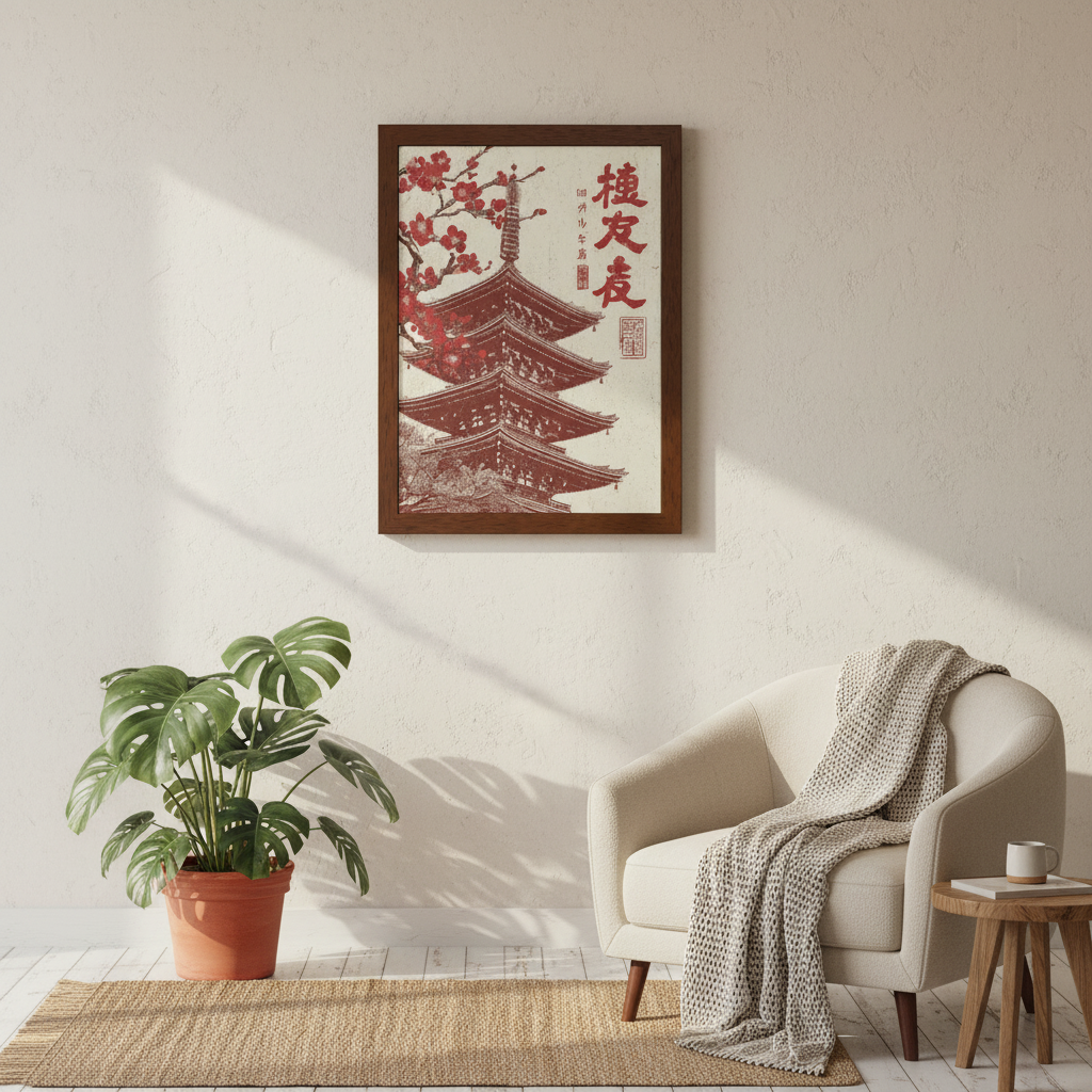 Framed artwork of a pagoda on a wall above a chair and plant in a room.