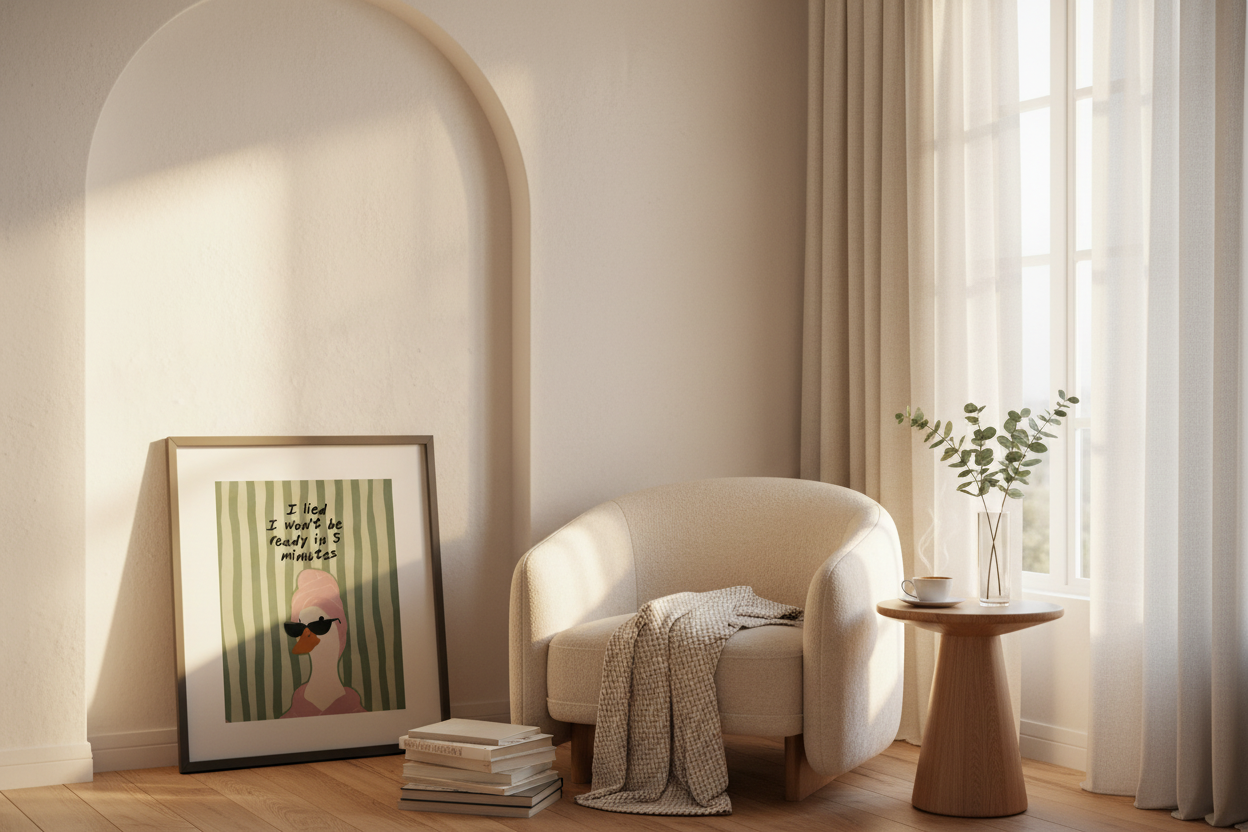 Affiche encadrée — « J'ai menti, je ne serai pas prête dans 5 minutes » Glam Swan Wall Art