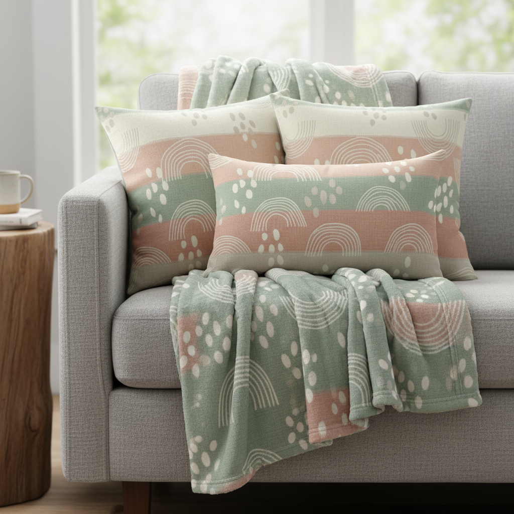 Gray sofa with patterned pink and green throw blanket and pillows in a bright room.