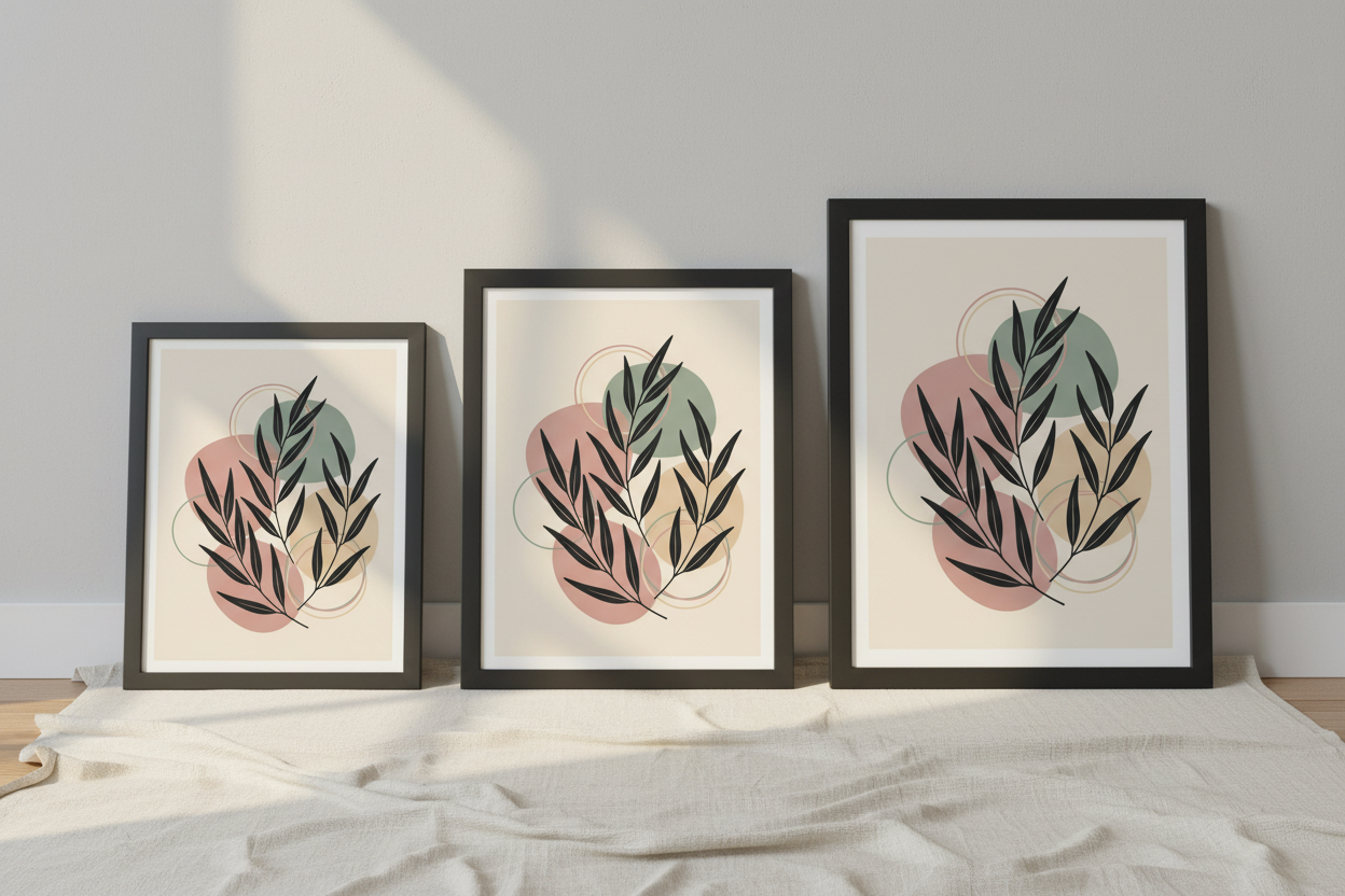 Eucalyptus botanical poster size comparison 11x14 16x20 18x24 black frames, wall art sizing guide