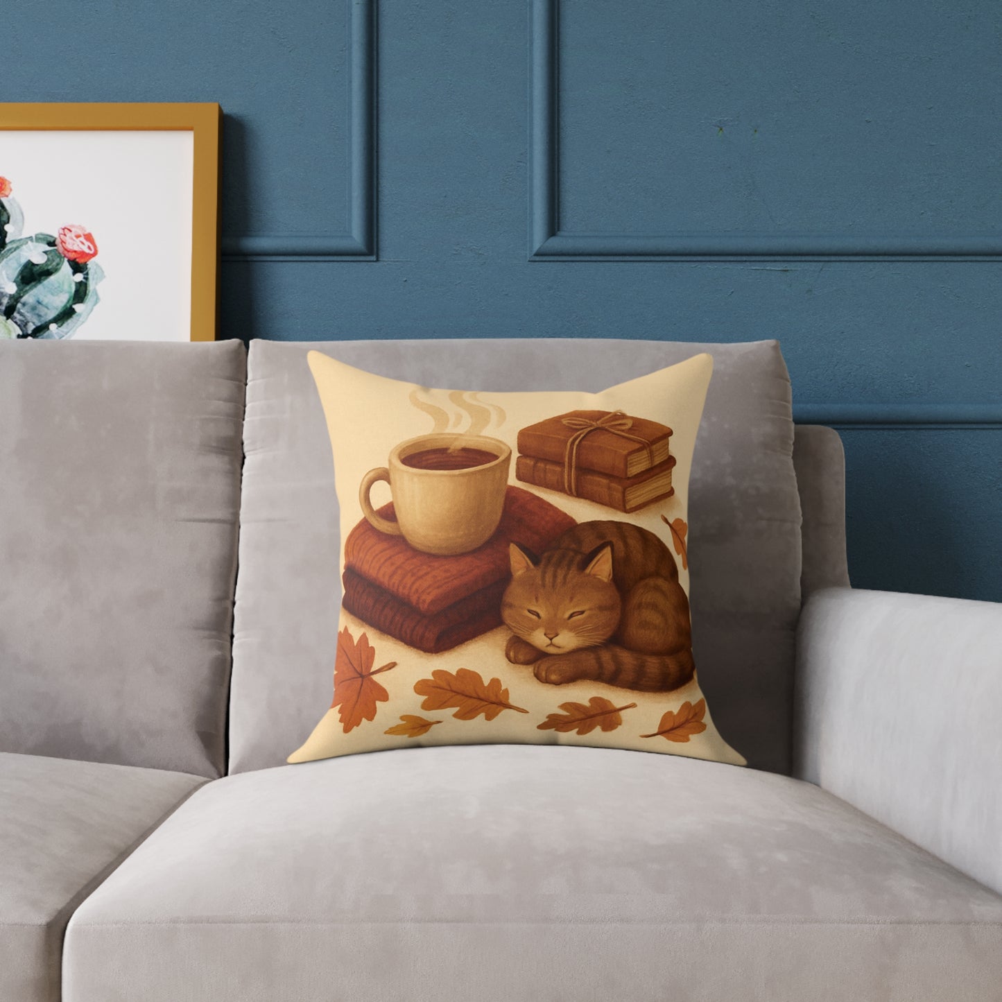 Square Pillow, Cozy Autumn Cat Decorative Cushion for Cat Lovers and Tea Drinkers, Fall Home Decor