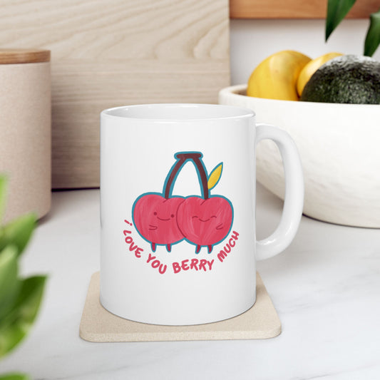Love You Berry Much white coffee mug on desk - cute cherry pun gift cup
