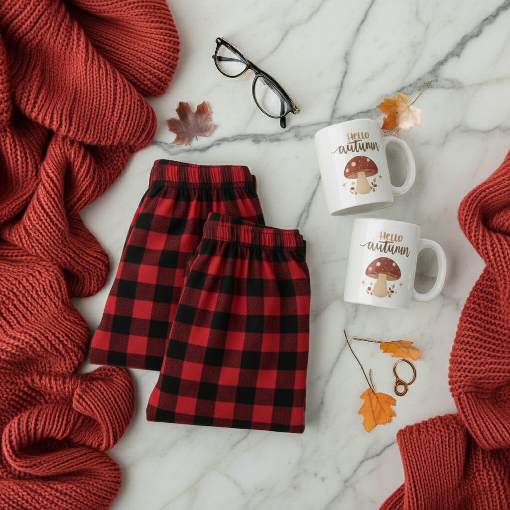 Buffalo Check Pärchen-Set – Pyjamas & Herbsttassen im Partnerlook