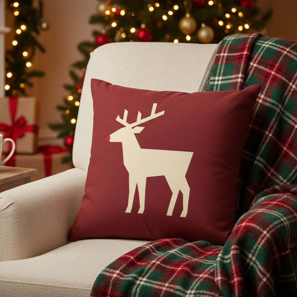 Christmas reindeer decorative pillow with festive holiday design - cozy winter throw cushion
