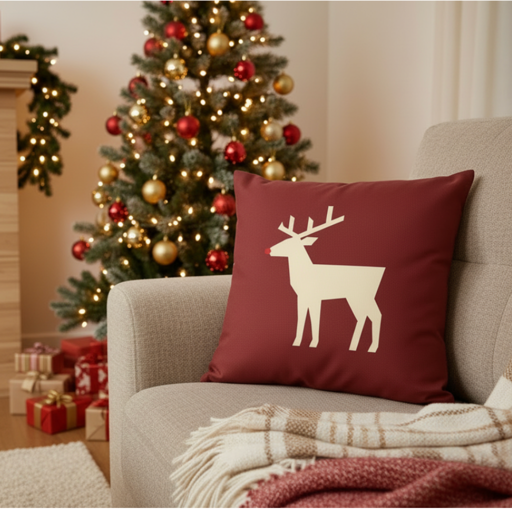 Close-up of Christmas reindeer pillow pattern - festive holiday throw cushion detail
