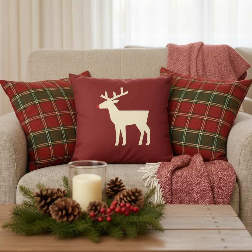 Holiday reindeer pillow on furniture - Christmas decorative throw for seasonal home decor
