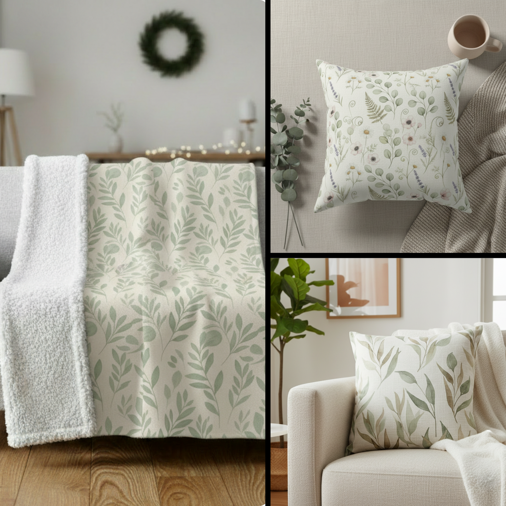 leaf blanket and succulent pillows Botanical Blanket & Pillow Bundle - Sage Green Set