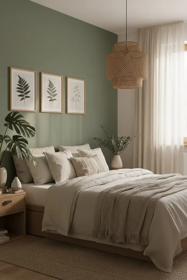 Sage Green Bedroom with Botanical Fern Wall Art Prints and Neutral Linen Bedding | Majesties