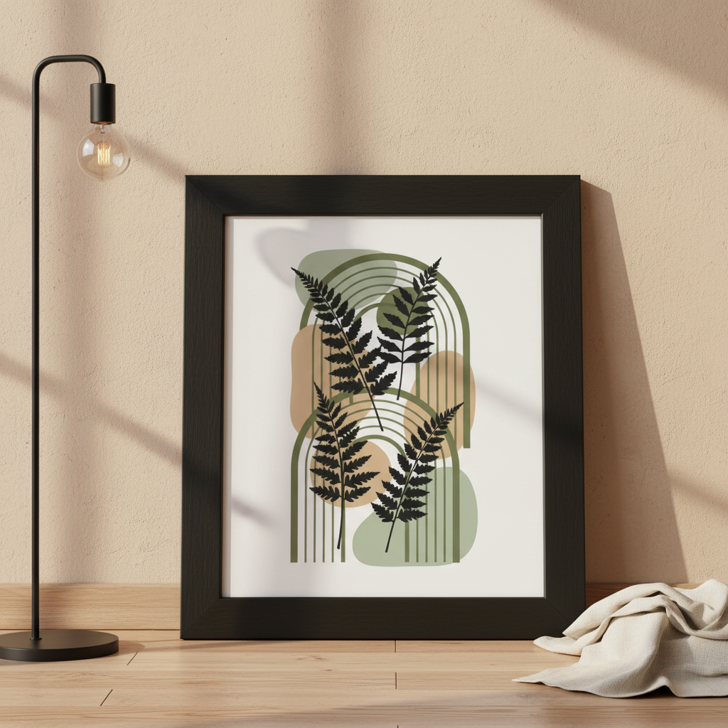 Botanical fern framed poster with geometric arches in black frame, modern wall art decor
