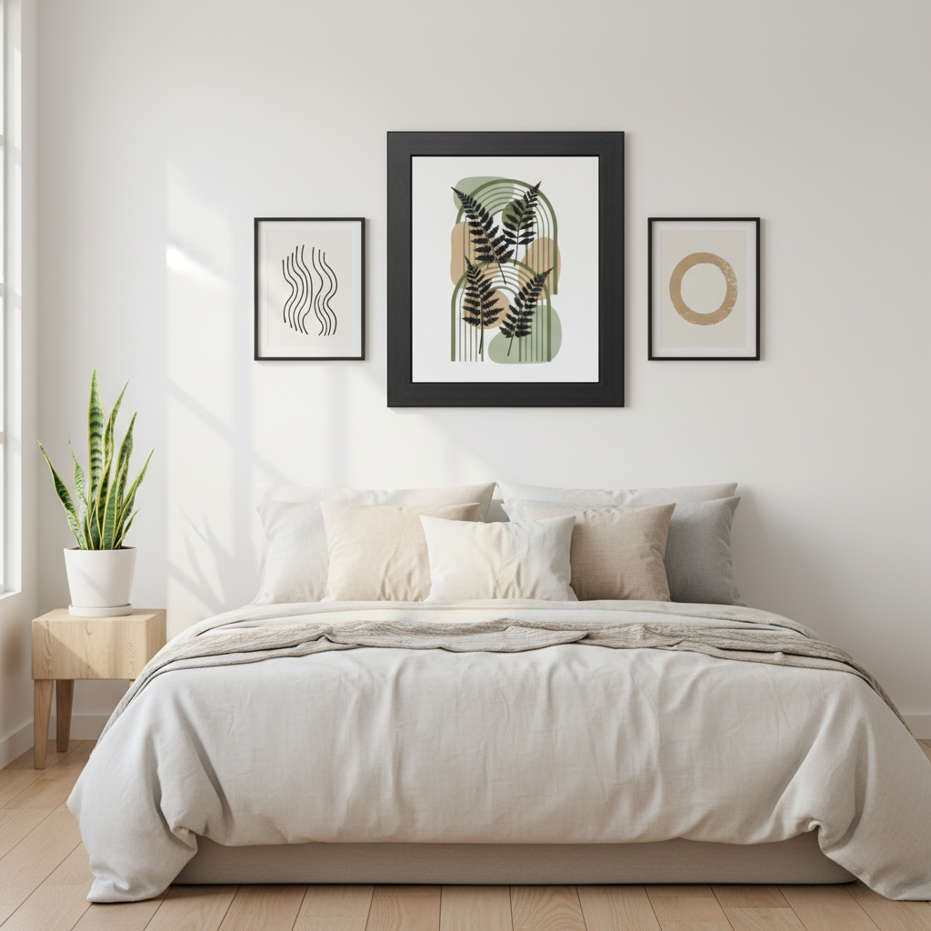 Botanical fern poster in bedroom gallery wall, minimalist black framed wall art
