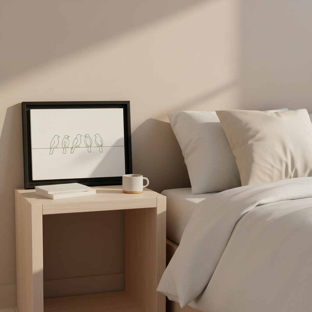 12x9 minimalist bird line art canvas print in black frame on bedside table in modern bedroom decor