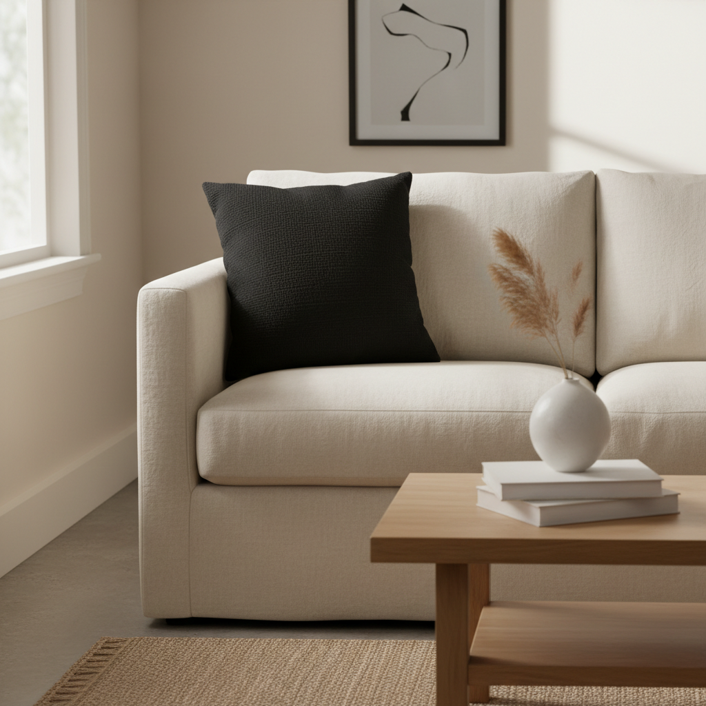 Black pillow on cream sofa