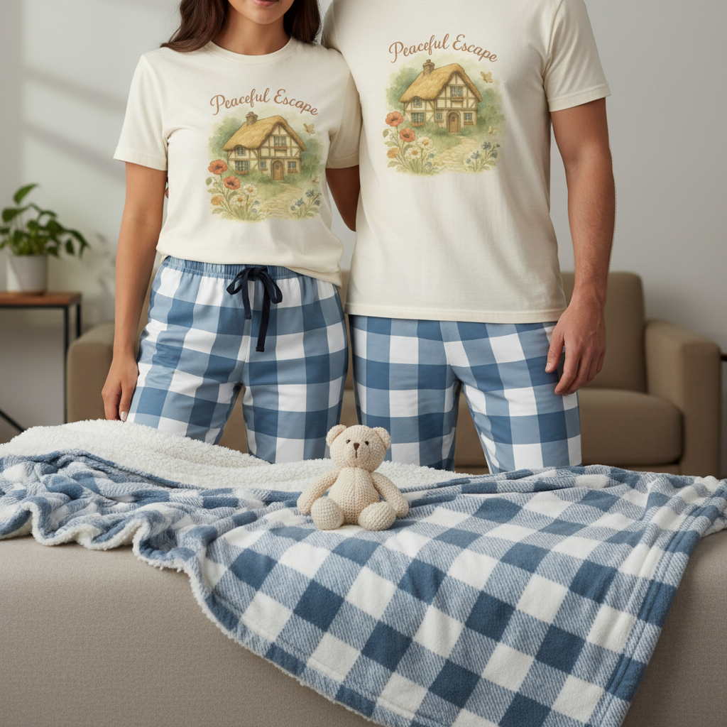 Blue Plaid Family Matching Set - Couples Bundle with Blanket & Pajamas | His & Hers