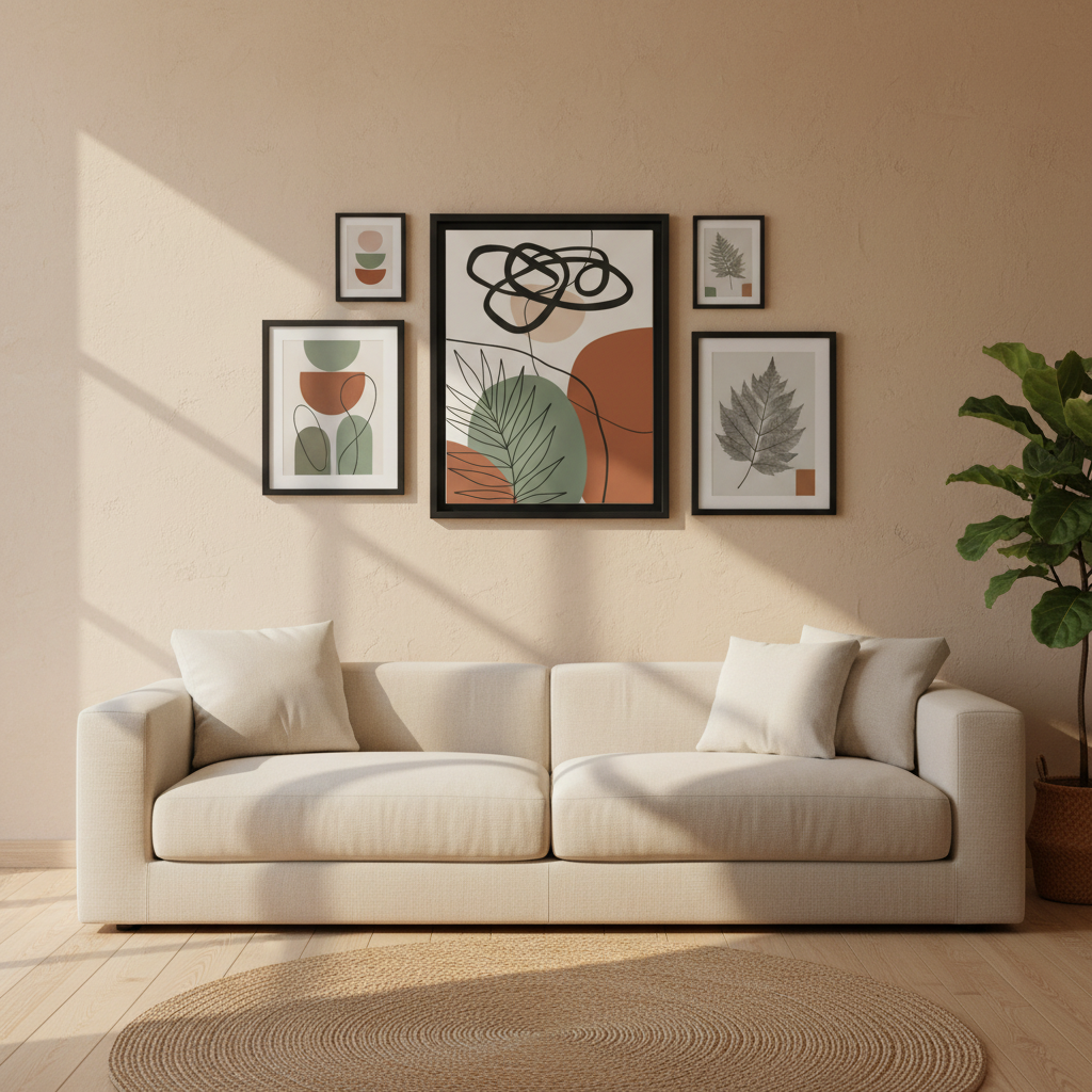 Abstract botanical poster in gallery wall arrangement above sofa in modern living room