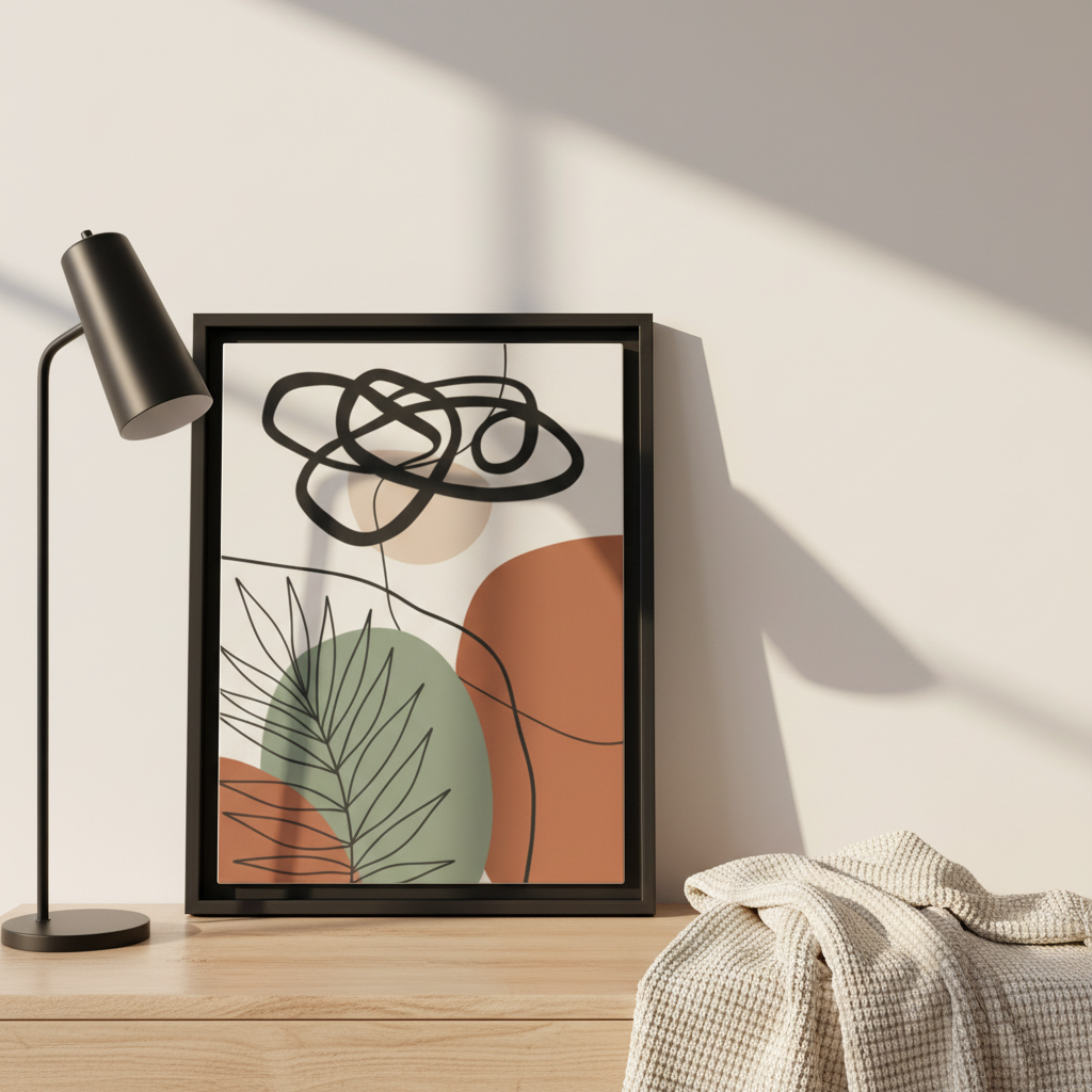Abstract botanical framed poster with palm leaf and geometric design in black frame on wooden shelf with lamp