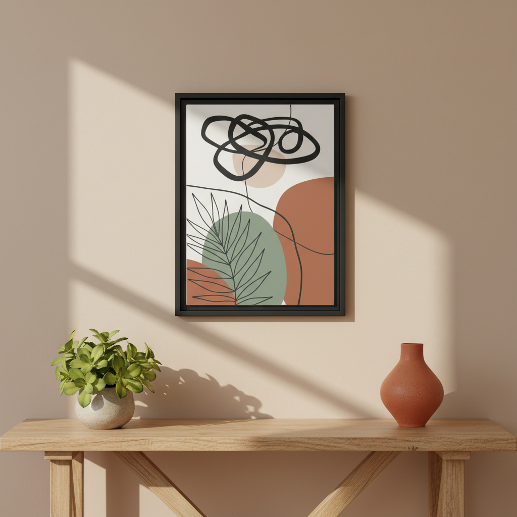 Modern abstract botanical wall art poster with terracotta and sage green colors above console table