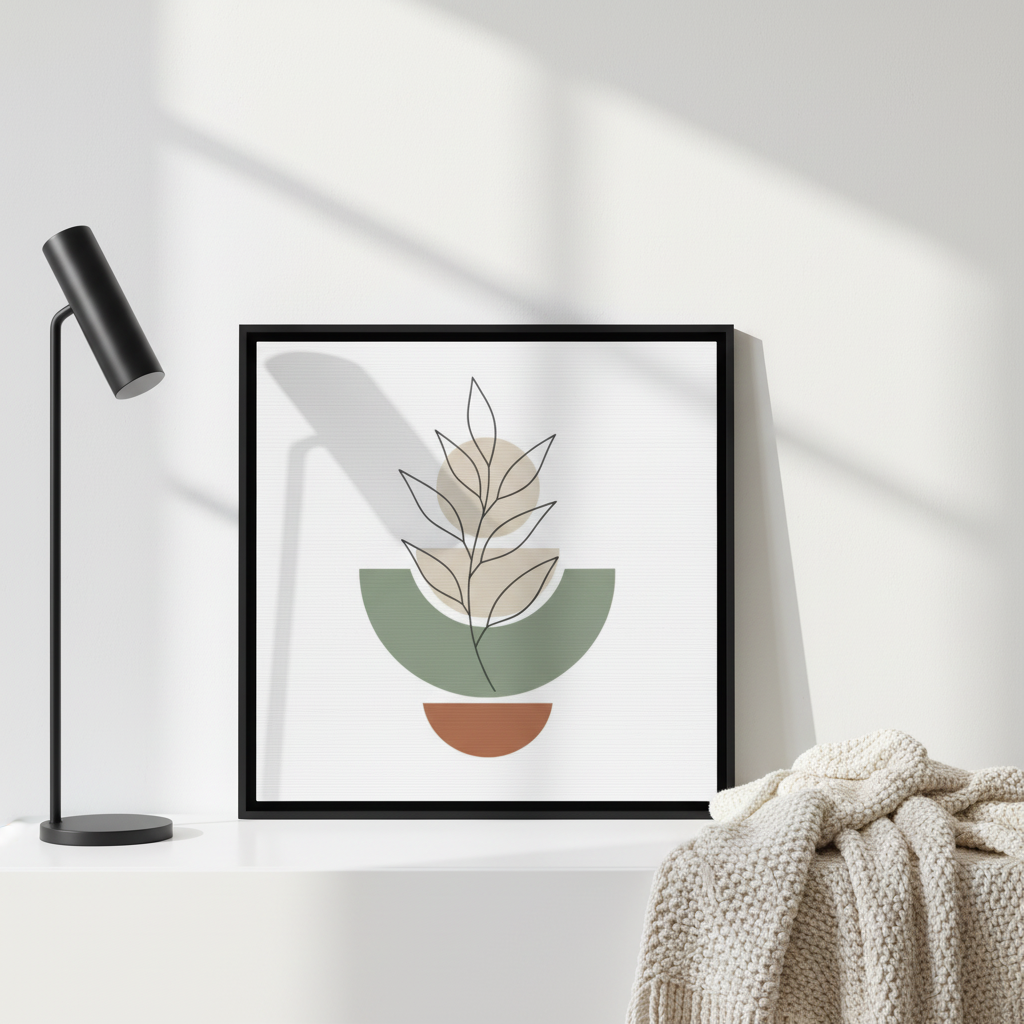 Minimalist botanical framed poster with leaf design in black frame on white shelf with lamp