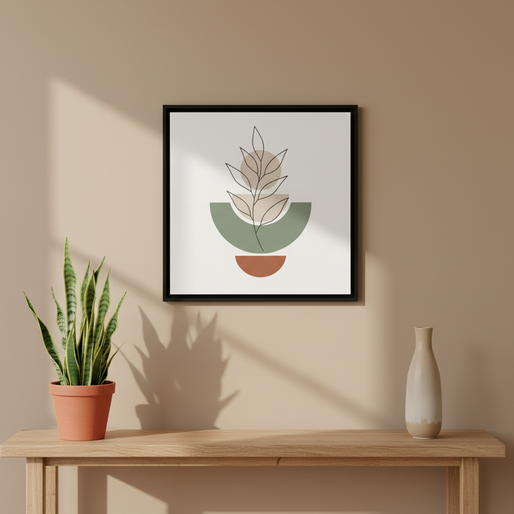 Botanical wall art poster with sage green and terracotta accents above console table with plant