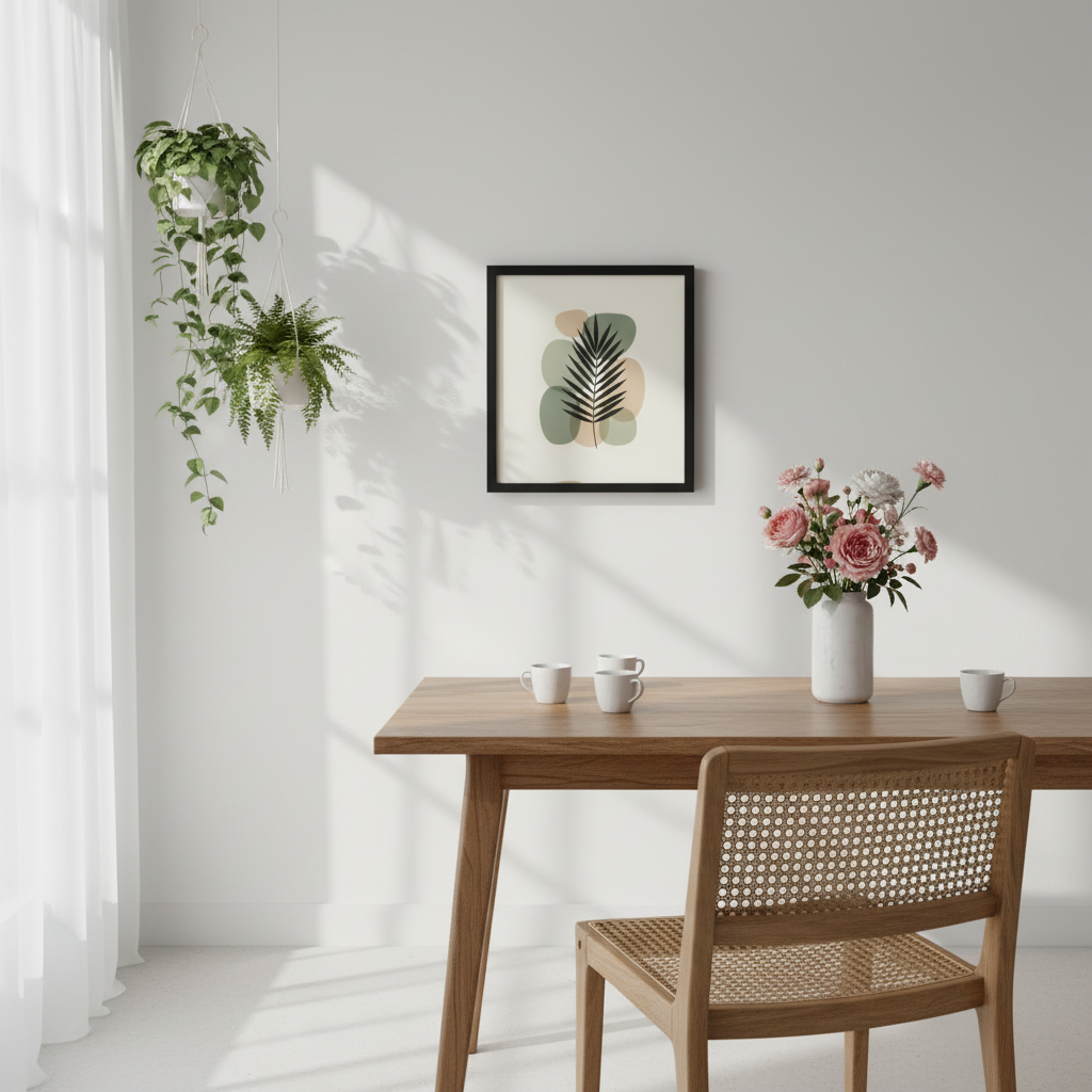 Botanical framed poster 24x24 in modern dining room with natural wood furniture and plants