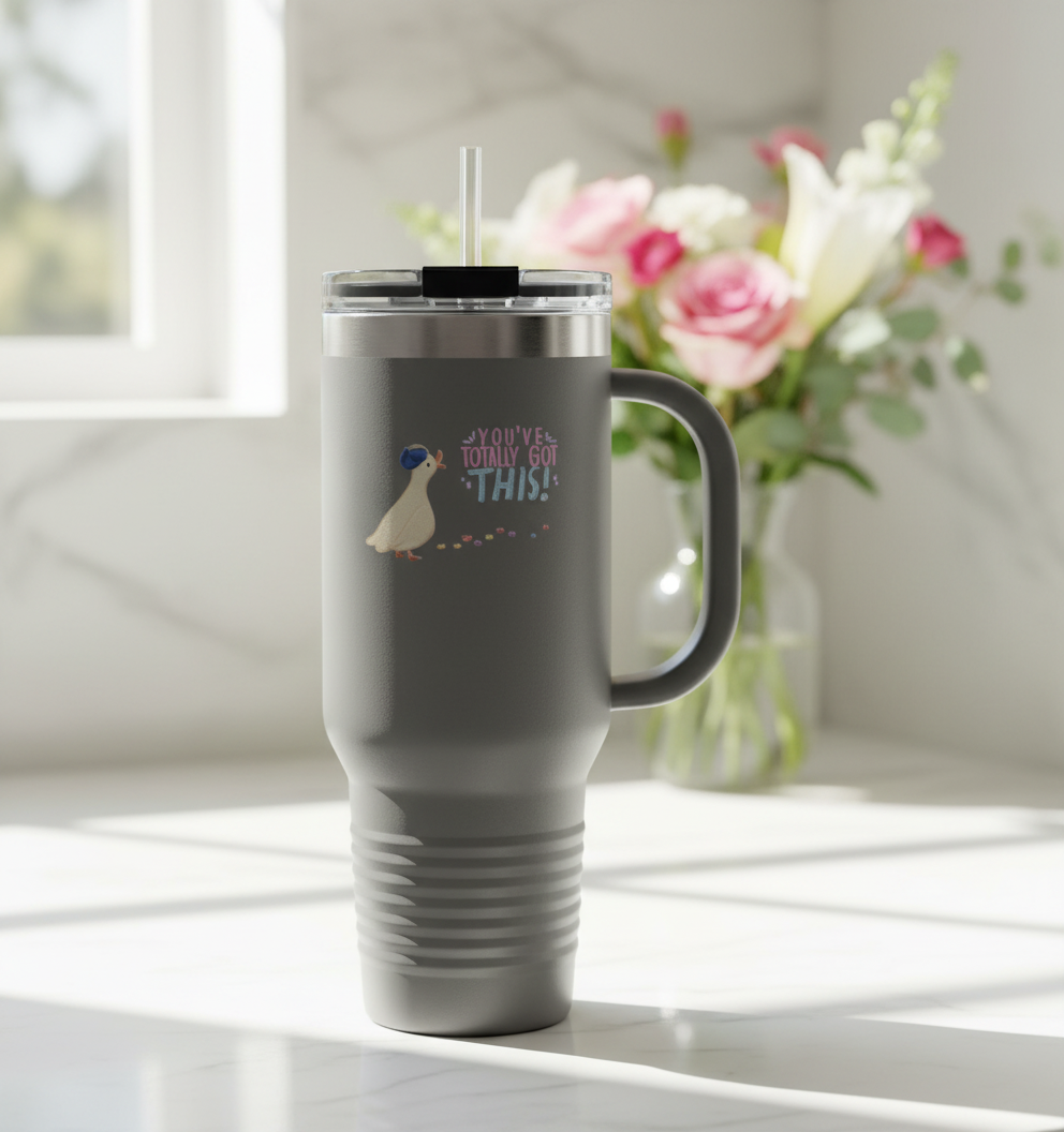 Grey insulated travel mug 40oz outdoor camping tumbler with straw adventure drinkware