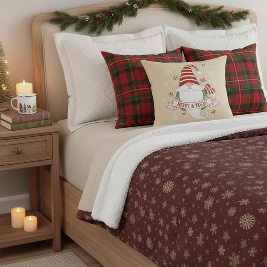 Holiday gift bundle on bed - soft blanket, throw pillows and coffee mug cozy bedroom decor
