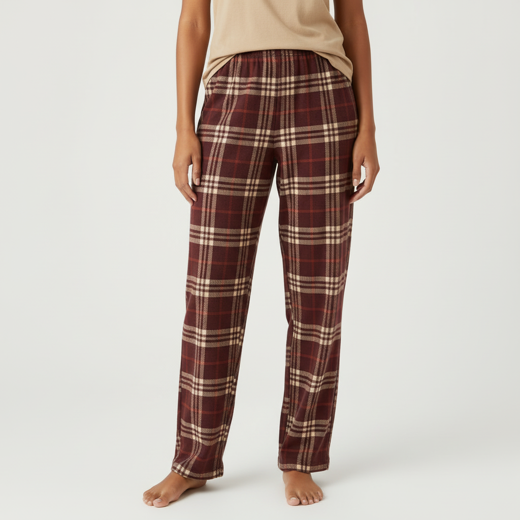 Back view of burgundy plaid pajama pants showing loose fit - women's comfortable sleepwear