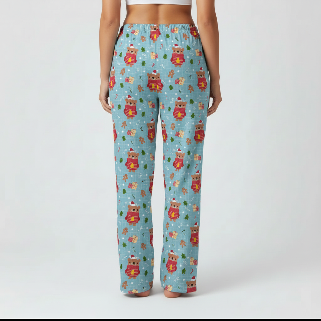 Christmas pajama pants back view showing relaxed wide leg fit with black drawstring waist