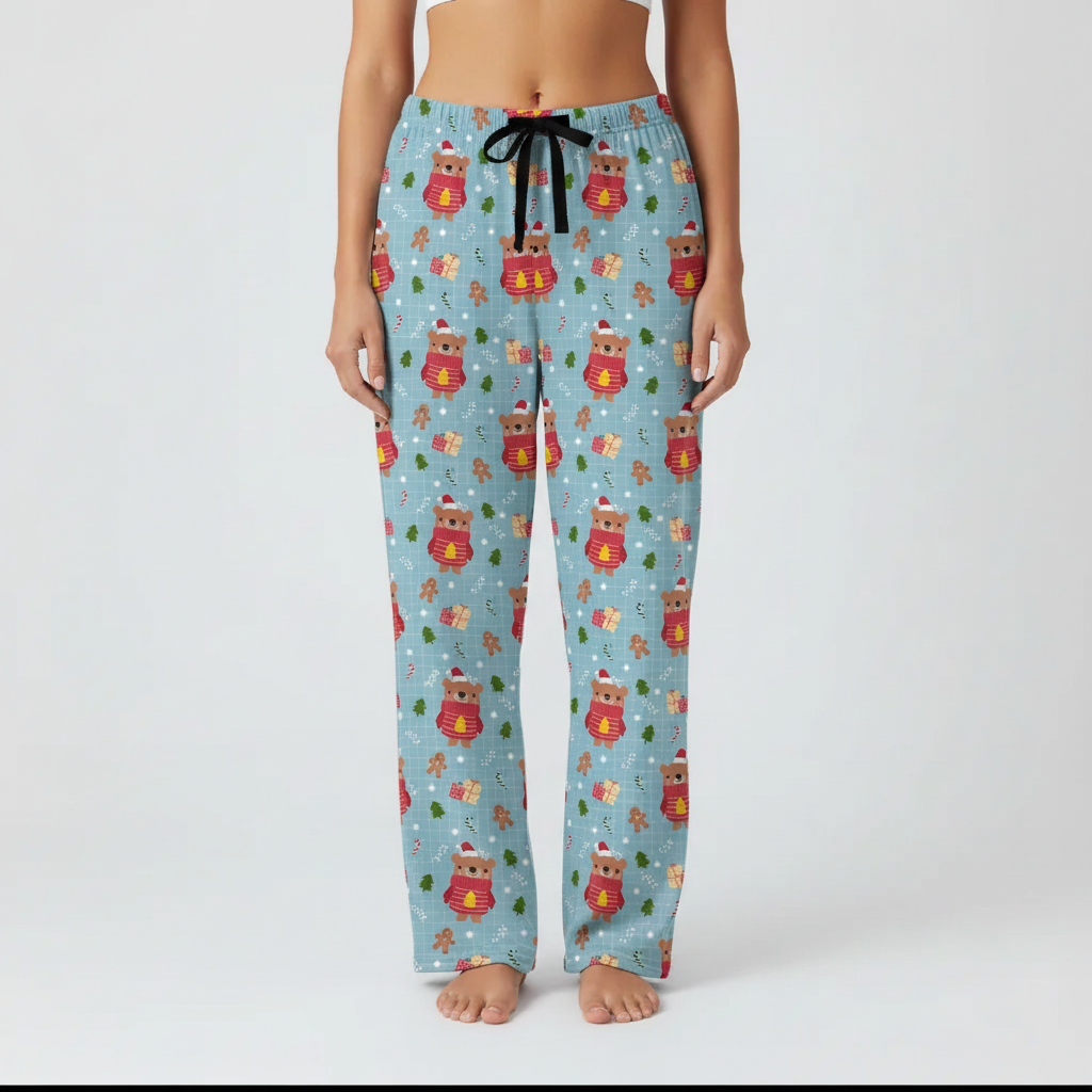 Women's Christmas bear pajama pants with festive teddy bears and holiday pattern - comfortable loungewear