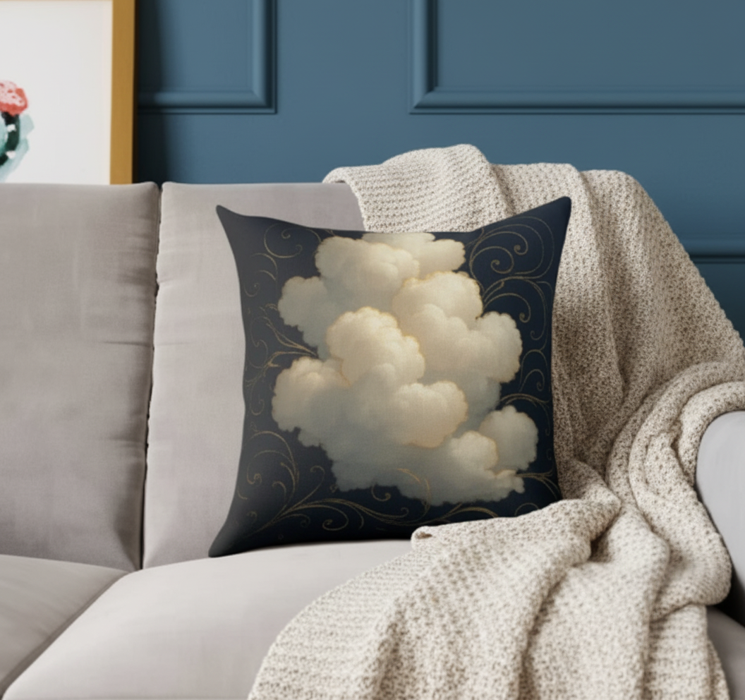 Grey cloud pillow with white fluffy cloud design on beige sofa with cozy knit throw blanket - modern home decor