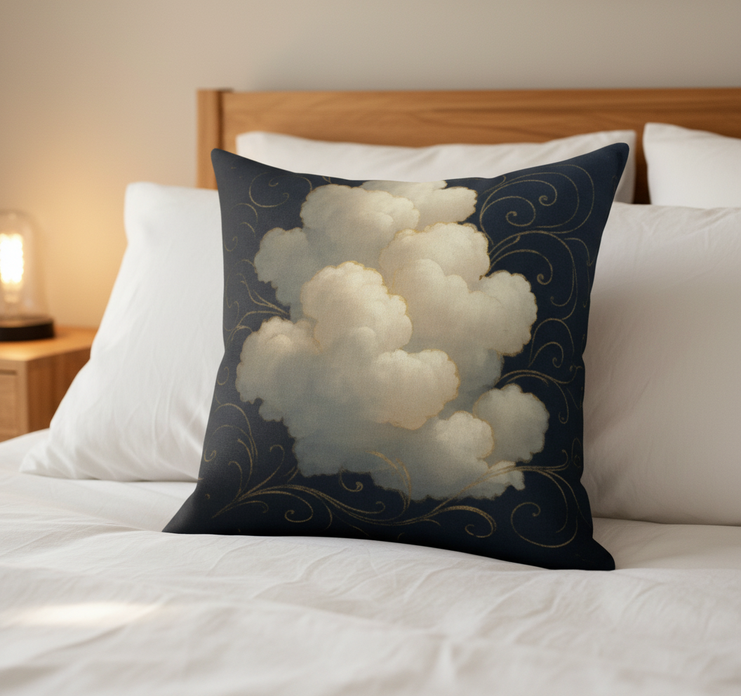 Cloud decorative pillow on bed with white linens - grey square throw pillow with white cloud pattern